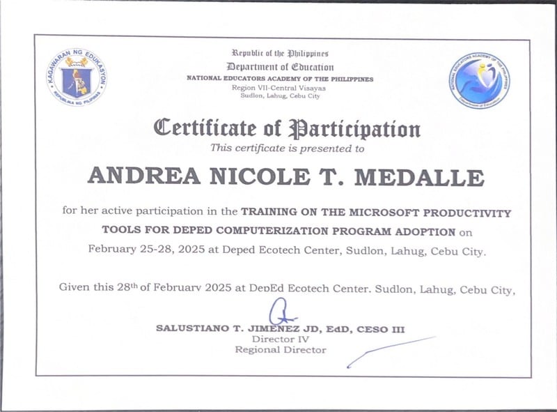 Certificate of participation, Microsoft Productivity Tools training, DepEd NEAP Region VII, February 2025