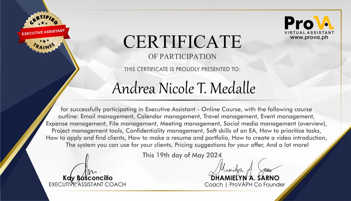 Certificate of participation, Executive Assistant online course, ProVA Philippines, 19 May 2024